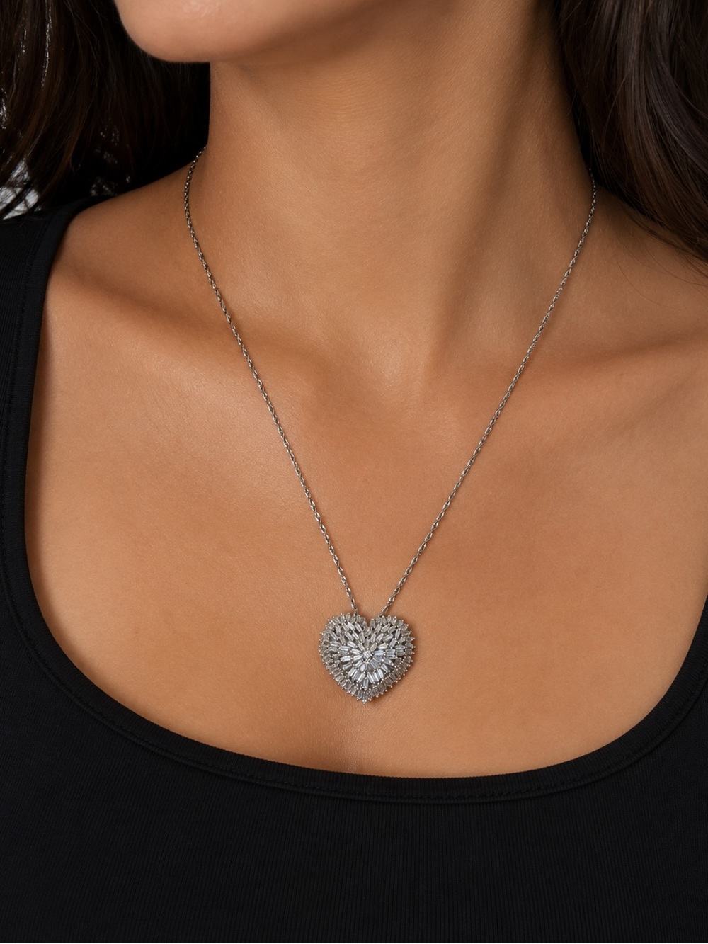 925 Sterling Silver Baguette CZ Heart Pendant Necklace Adjustable 14" Chain - Picture 2 of 7